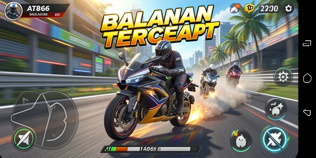 Screenshot gameplay AT866 menampilkan aksi balapan motor yang intens.