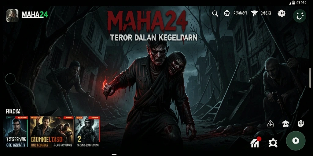Screenshot utama MAHA24 menunjukkan suasana horor yang mencekam saat menjelajahi lokasi gelap.