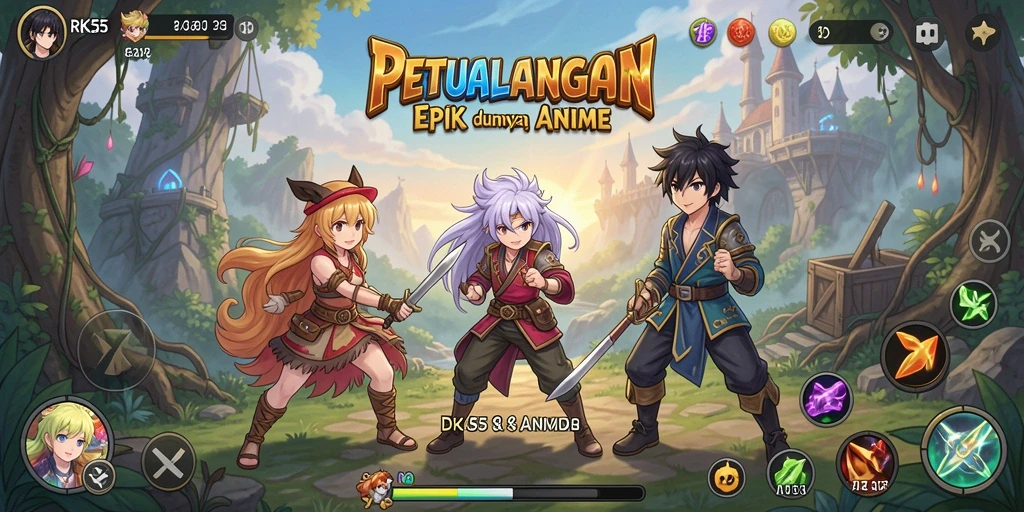 Screenshot gameplay RK55 menampilkan karakter anime dalam pertarungan epik.