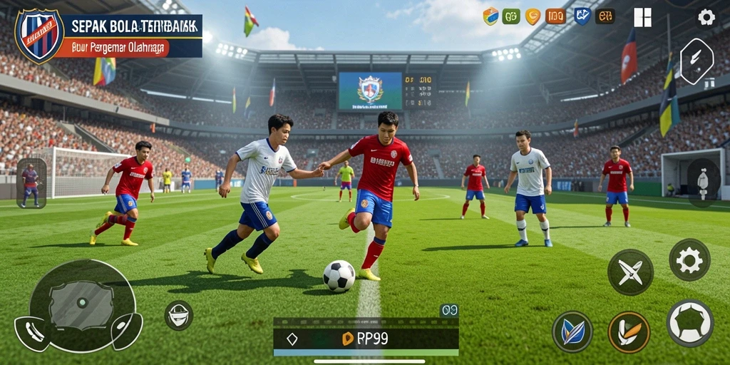 Screenshot gameplay RP99 memperlihatkan aksi seru di lapangan sepak bola.