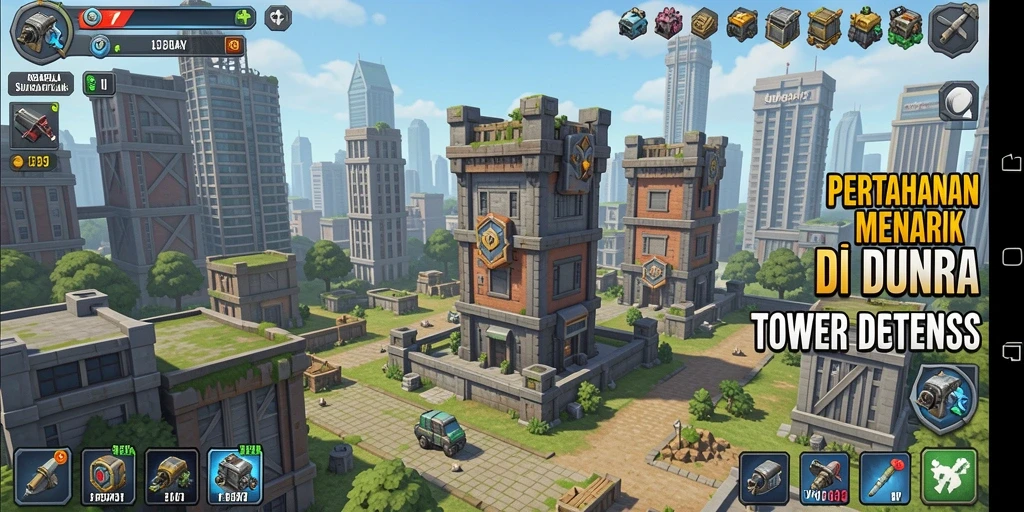 Tangkapan layar gameplay <strong>SURGAPLAY</strong> yang menunjukkan pertahanan menara melawan gelombang musuh.